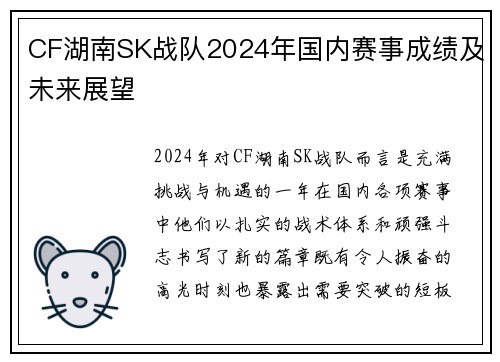 CF湖南SK战队2024年国内赛事成绩及未来展望